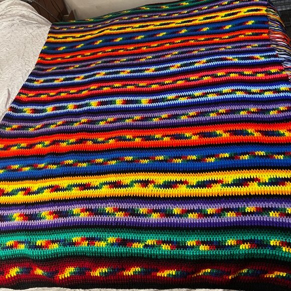VTG Handmade Crochet Rainbow Striped Blanket Vibrant Multicolor 70x100in - Picture 16 of 16